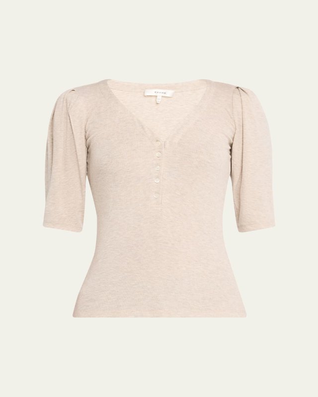 Rib Ruched Short-Sleeve Henley Top